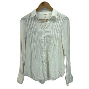 Free People Shirt Womens XS Ivory Brown Stich‎ Pintuck Button Down Linen Boho